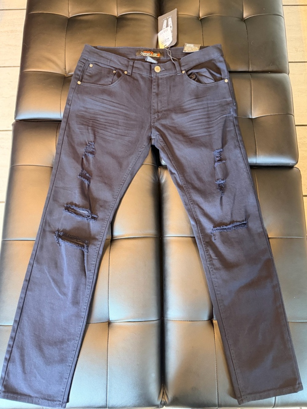 Slim Straight Distressed Jeans - Navy Blue